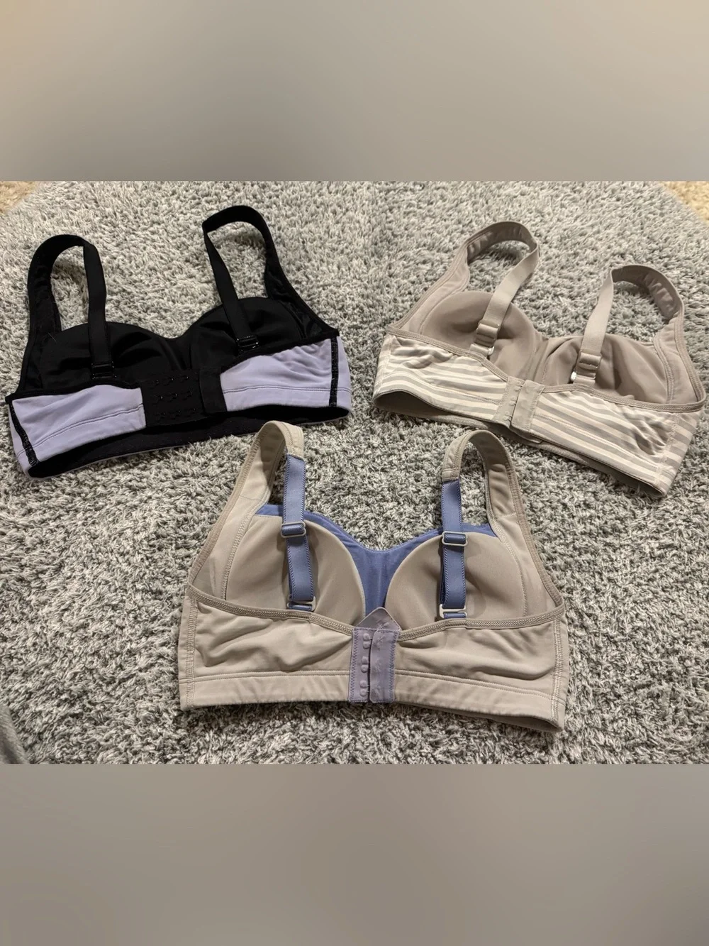 Lululemon 32D Sports Bra Bundle 3 Pc Neutral Colors of Purple Gray White Striped